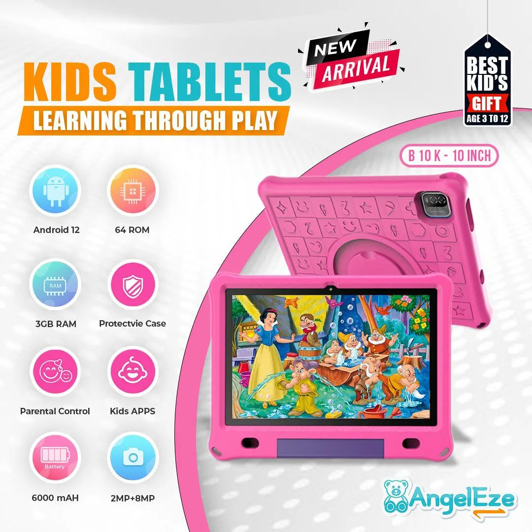 10.1 inch Kids Tablet, Wifi   Quad Core Processor, 3GB RAM, 64GB ROM, 6000mAh Battery, HD Screen, Dual Camera 2MP   8MP, with tons Pre-Installed Parental Control, Kids Apps and Games