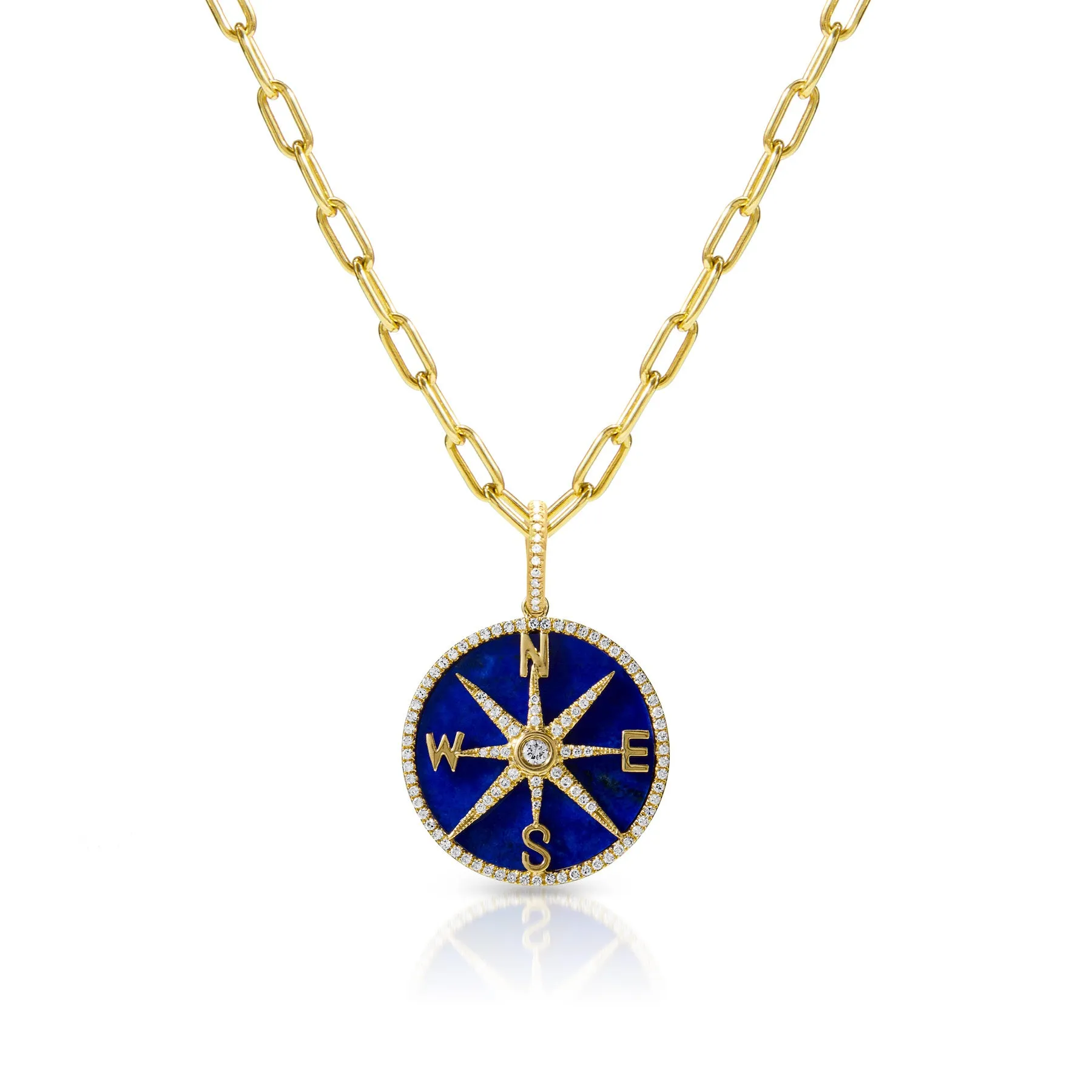 14KT Yellow Gold Lapis Diamond Compass Medallion Charm with Diamond Clip on Bail