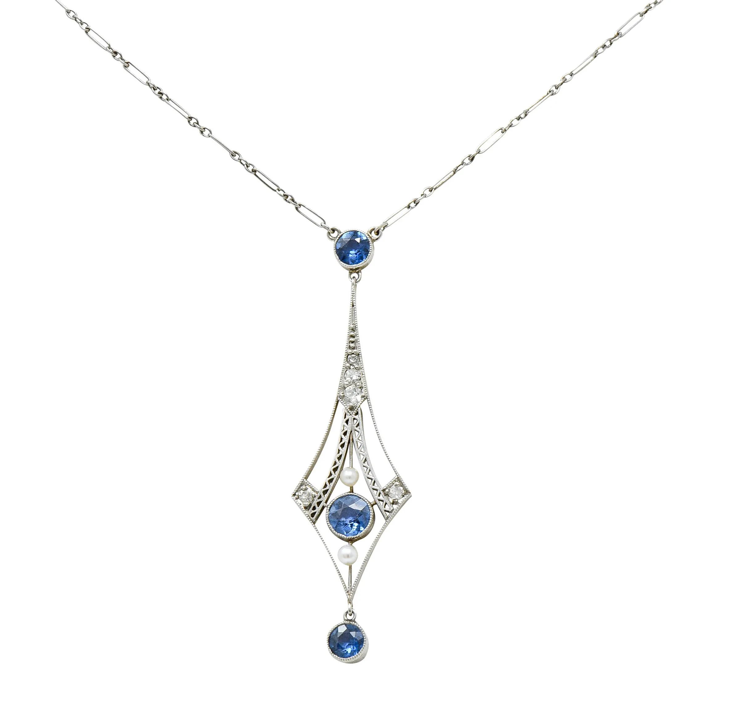 1920's Art Deco Pearl 1.00 CTW Sapphire Diamond Platinum Navette Necklace