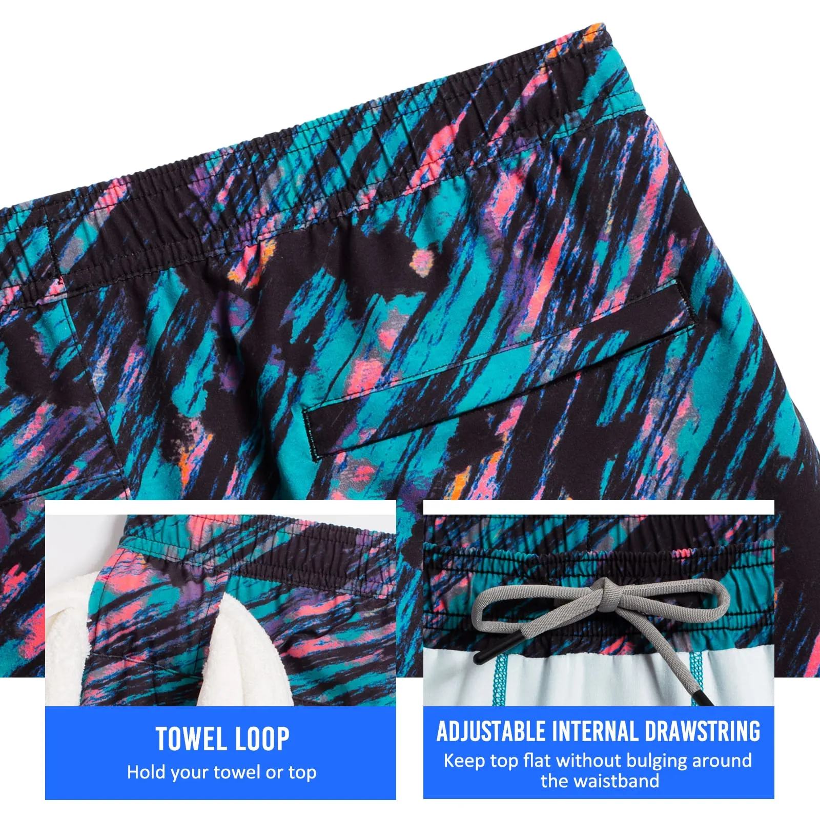 2 in 1 Stretch Long Lined Turquoise Printed Gym Shorts