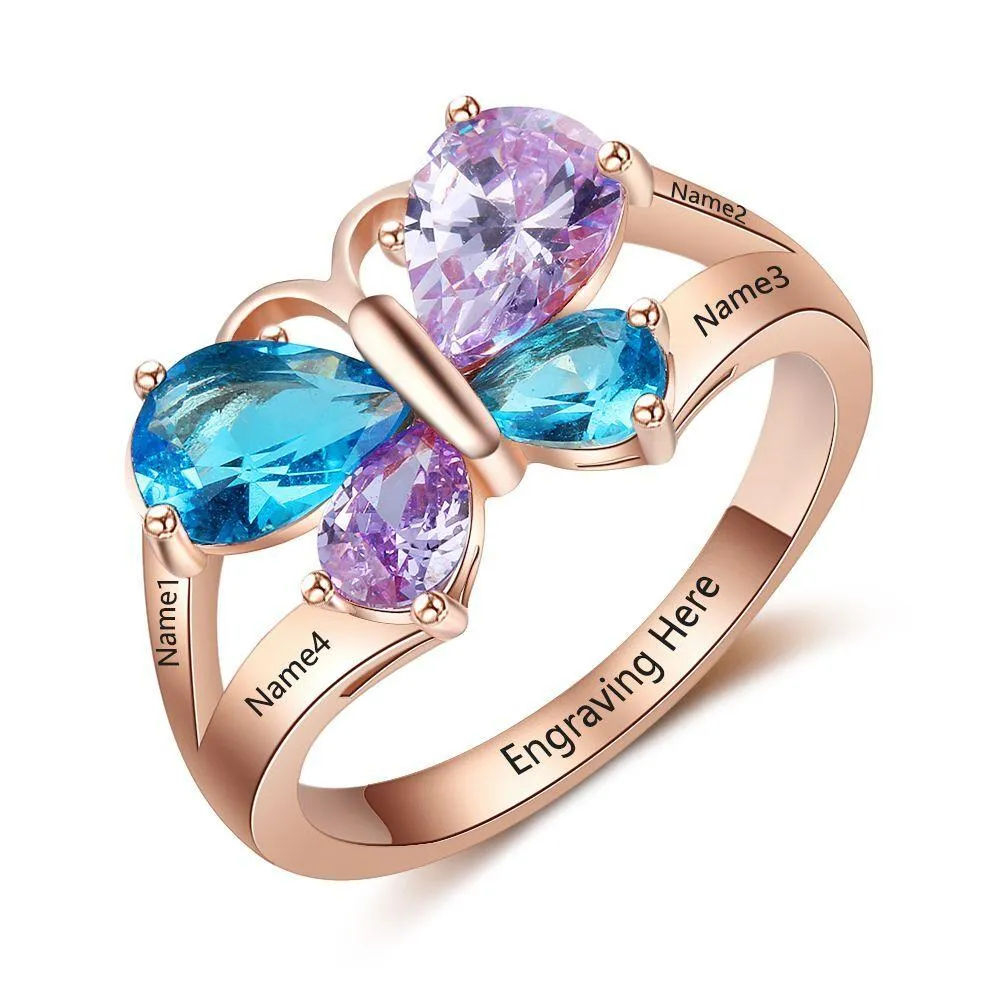 4 Birthstone Mother's Ring Butterfly Design 14k Rose Gold