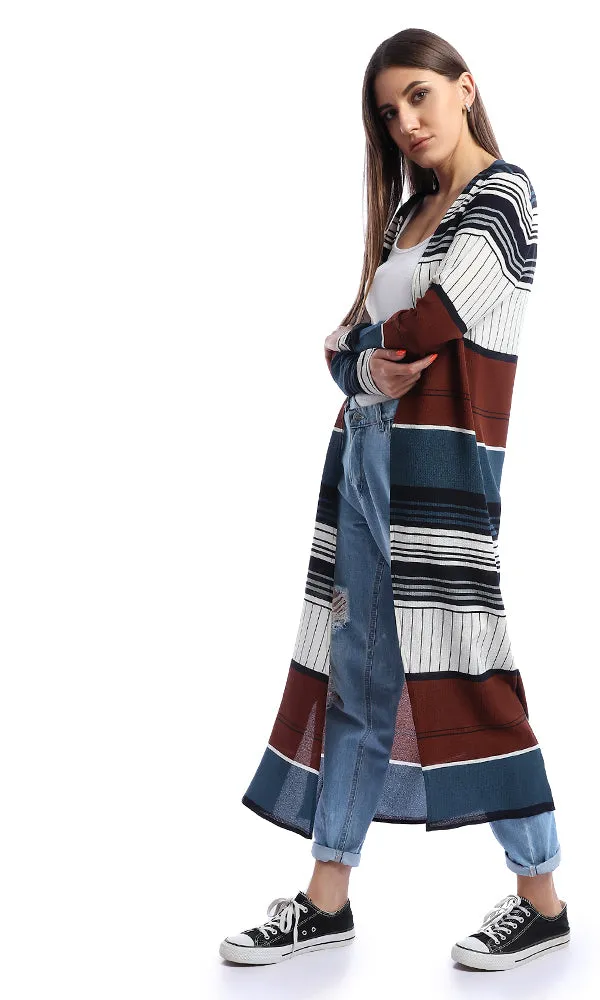 53789 Stripe Long Navy Blue Cardigan