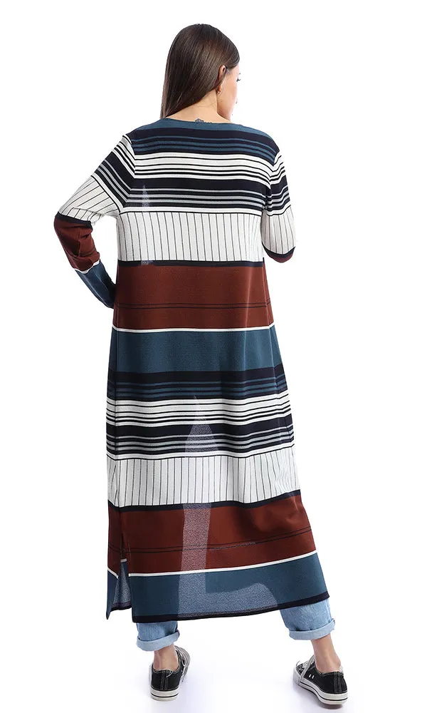 53789 Stripe Long Navy Blue Cardigan