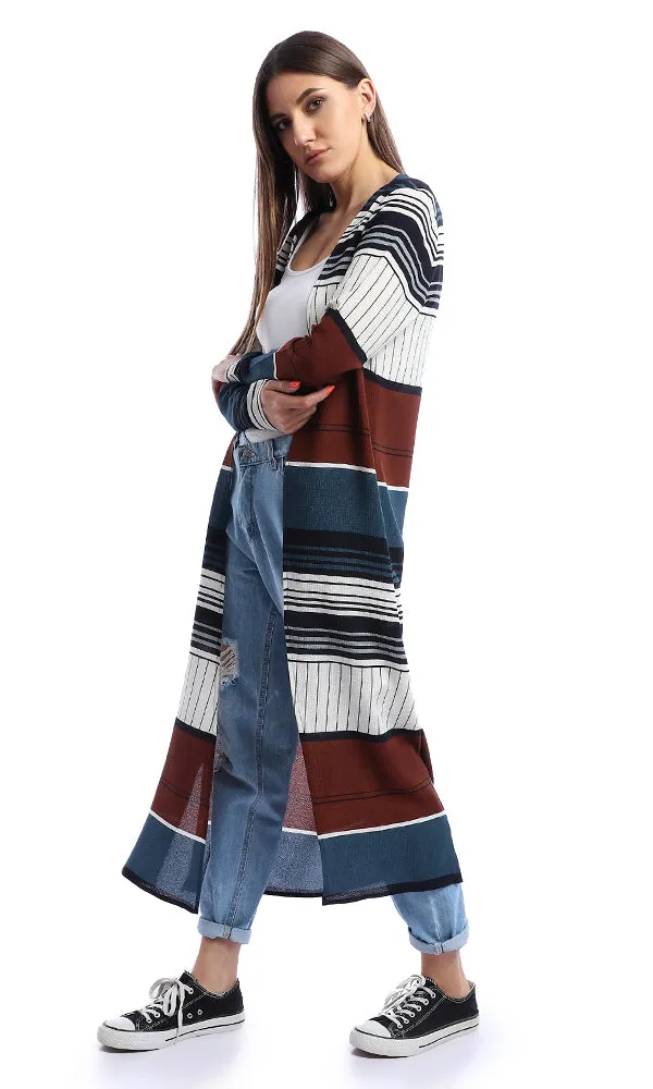 53789 Stripe Long Navy Blue Cardigan