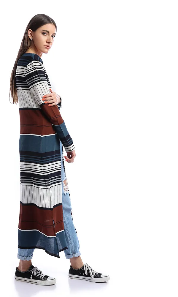 53789 Stripe Long Navy Blue Cardigan