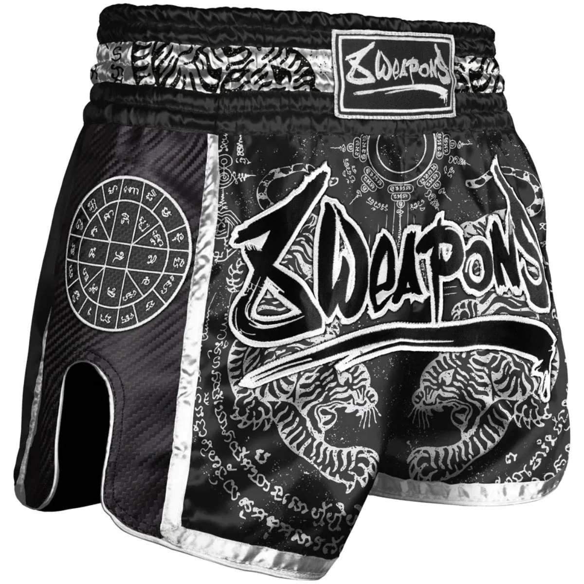 8 Weapons Sak Yant Tigers Carbon Muay Thai Shorts Black