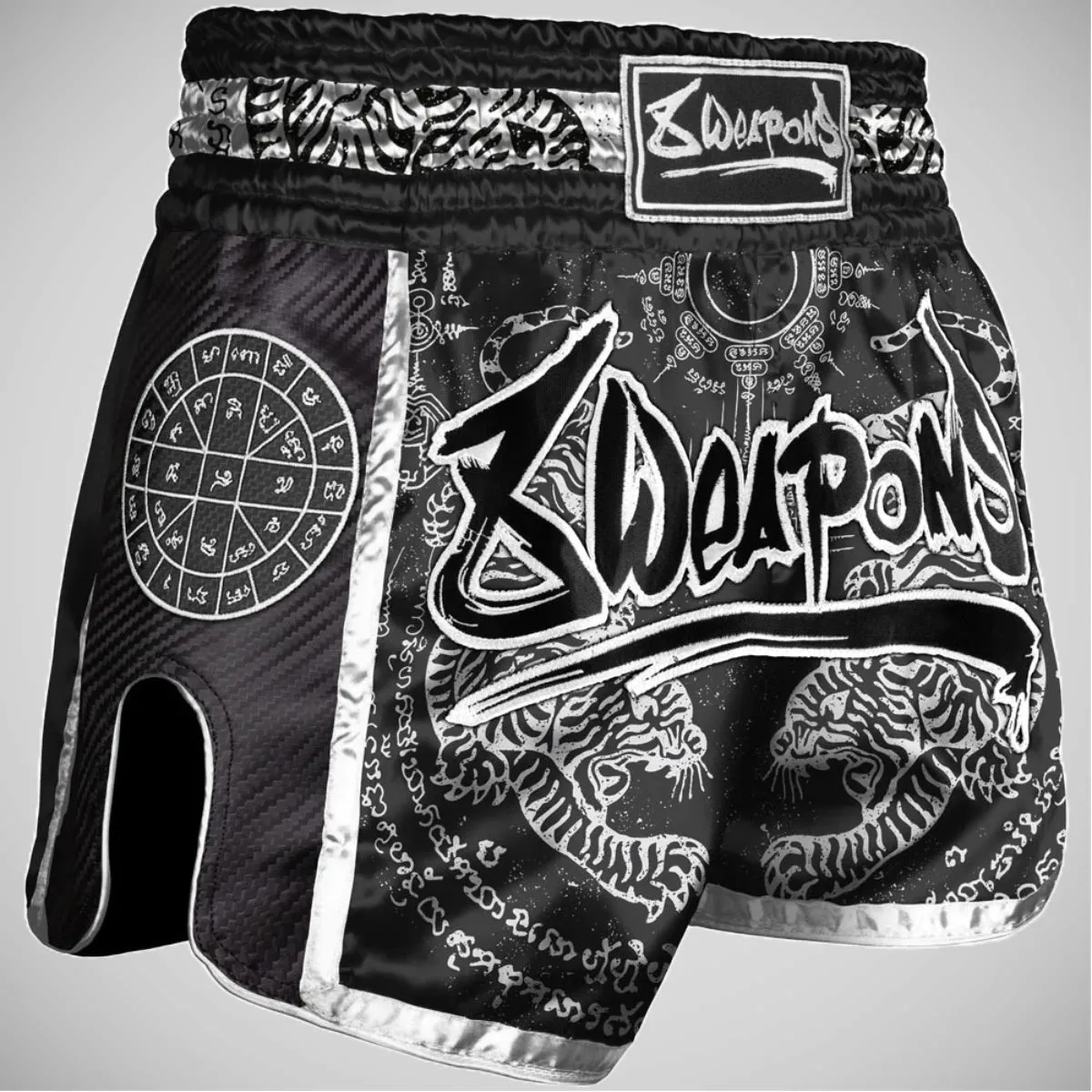 8 Weapons Sak Yant Tigers Carbon Muay Thai Shorts Black