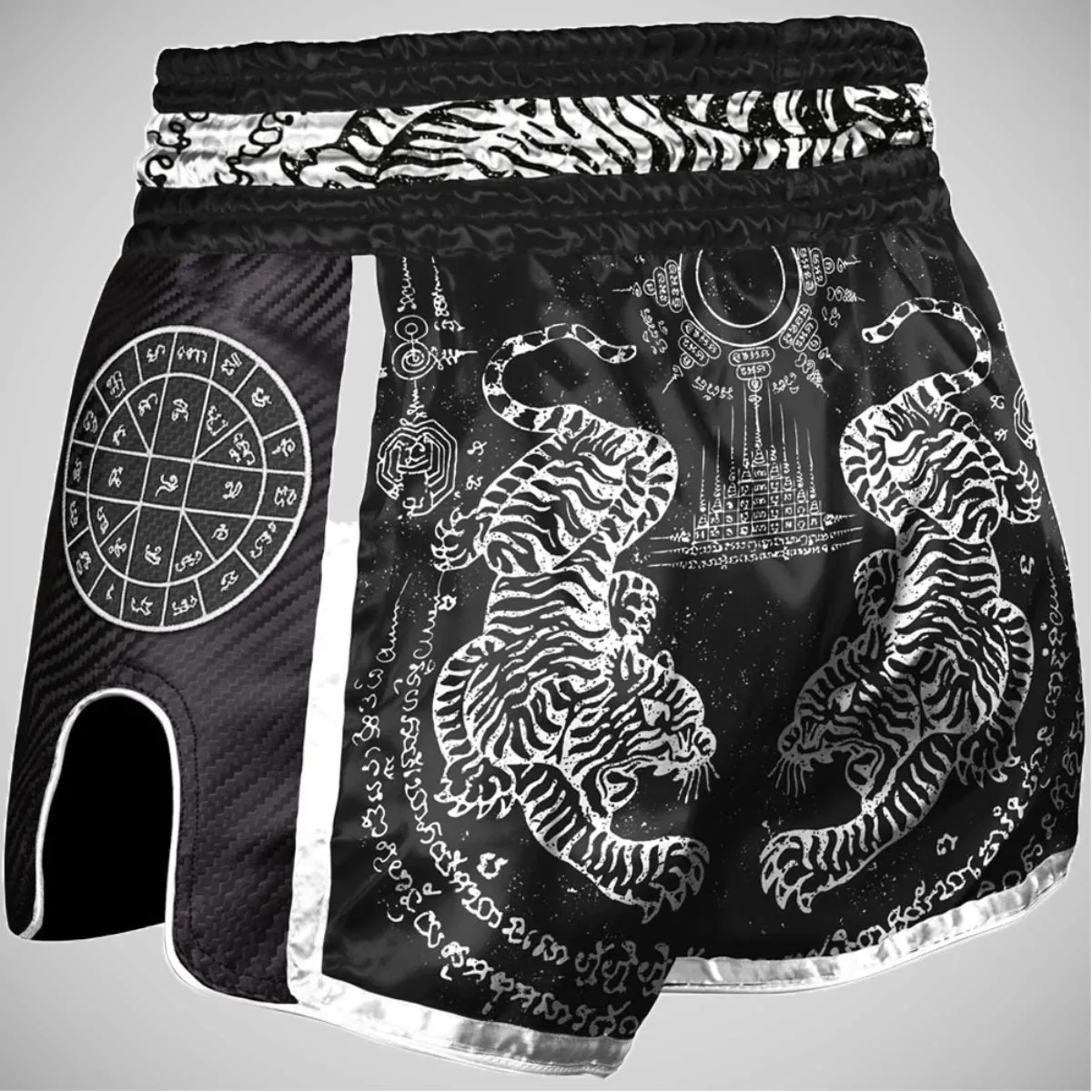 8 Weapons Sak Yant Tigers Carbon Muay Thai Shorts Black