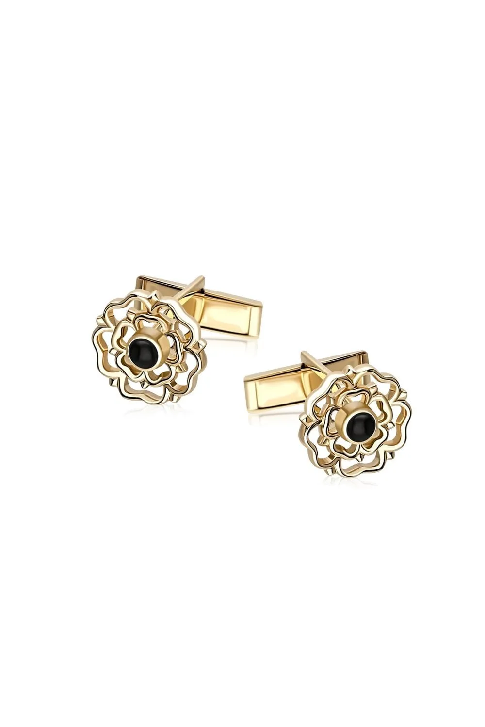 9ct Yellow Gold Whitby Jet Yorkshire Rose Cufflinks