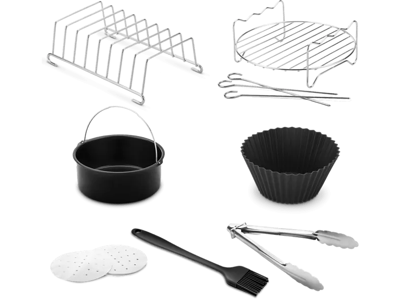 Accesorio freidora - Ufesa 72805519, Set de 7 piezas, Moldes, Pinzas, Bandeja, Papel vegetal, Pincel, Negro/Plata