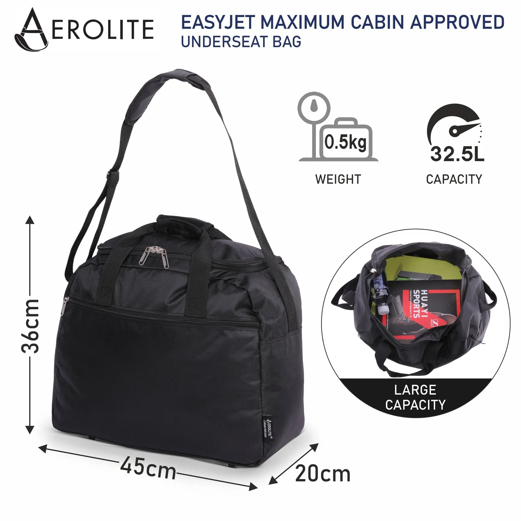 Aerolite (56x45x25cm) Easyjet Large Cabin, British Airways Jet2 Maximum Soft Shell Cabin Suitcase & (45x36x20cm) Easyjet Max Holdall