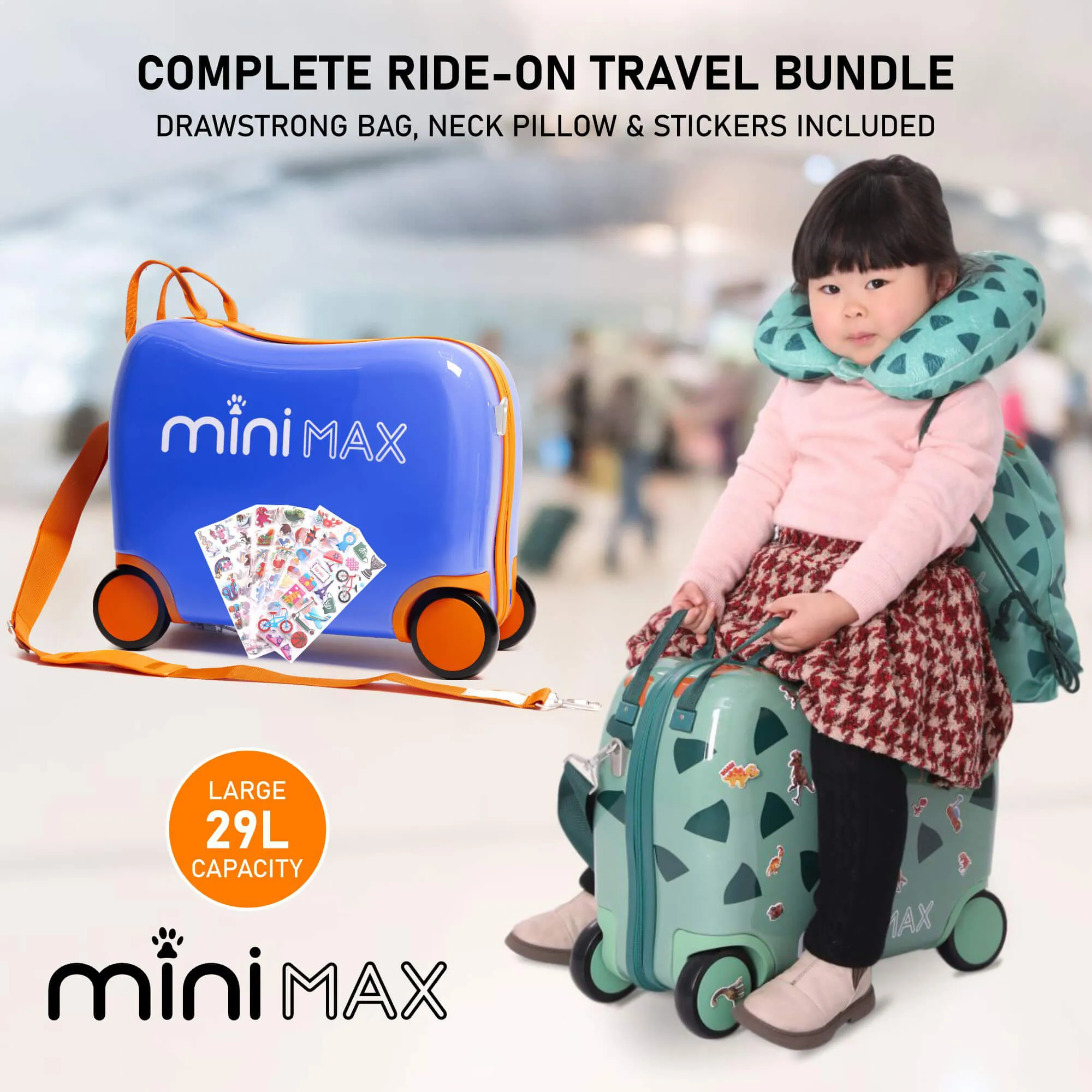 Aerolite MiniMax Childrens Ride-On Suitcase Fits 45x36x20cm EasyJet Maximum Size Kids Hand Luggage With Wheels 29L, Free Neck Pillow, Travel Bag & Stickers