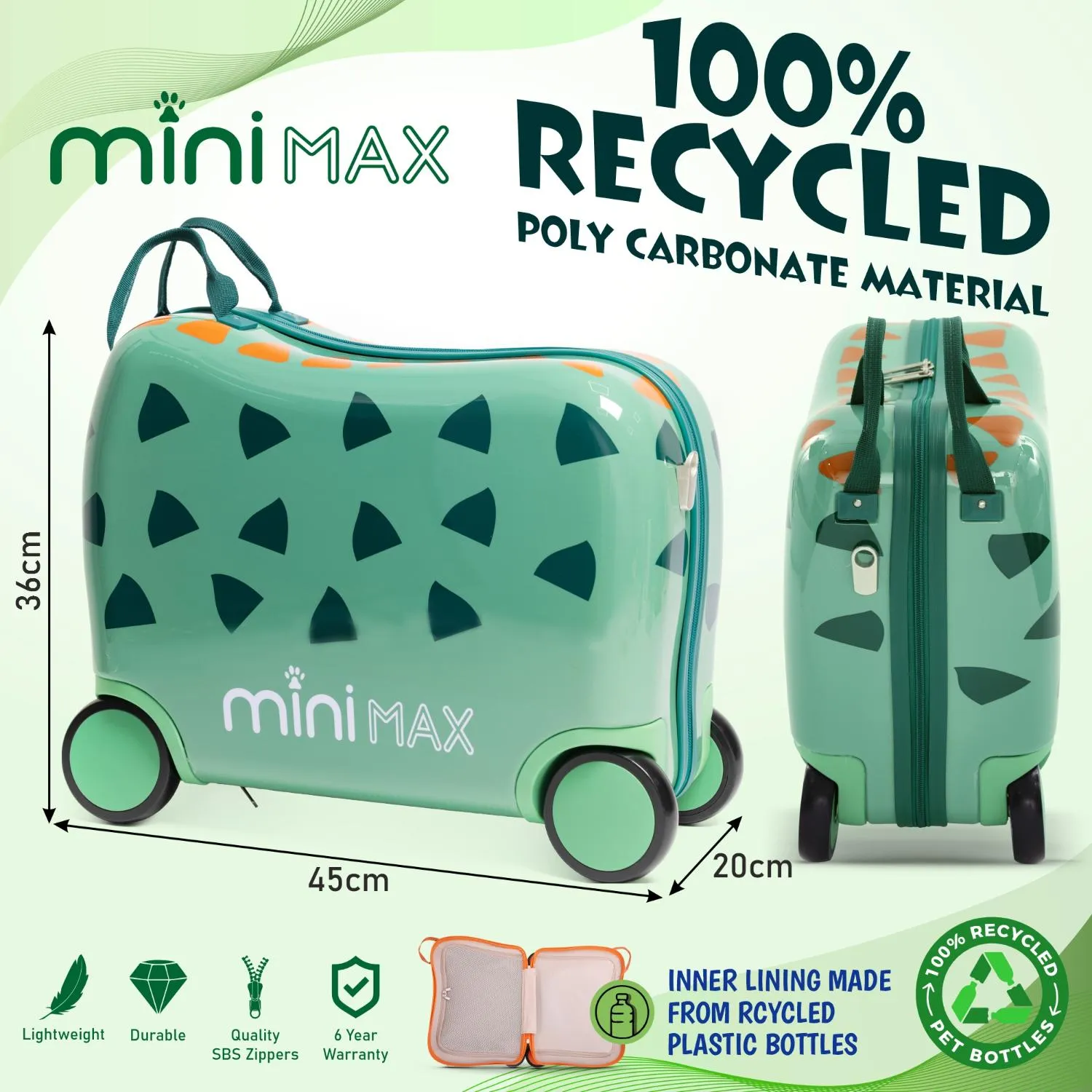 Aerolite MiniMax Childrens Ride-On Suitcase Fits 45x36x20cm EasyJet Maximum Size Kids Hand Luggage With Wheels 29L, Free Neck Pillow, Travel Bag & Stickers