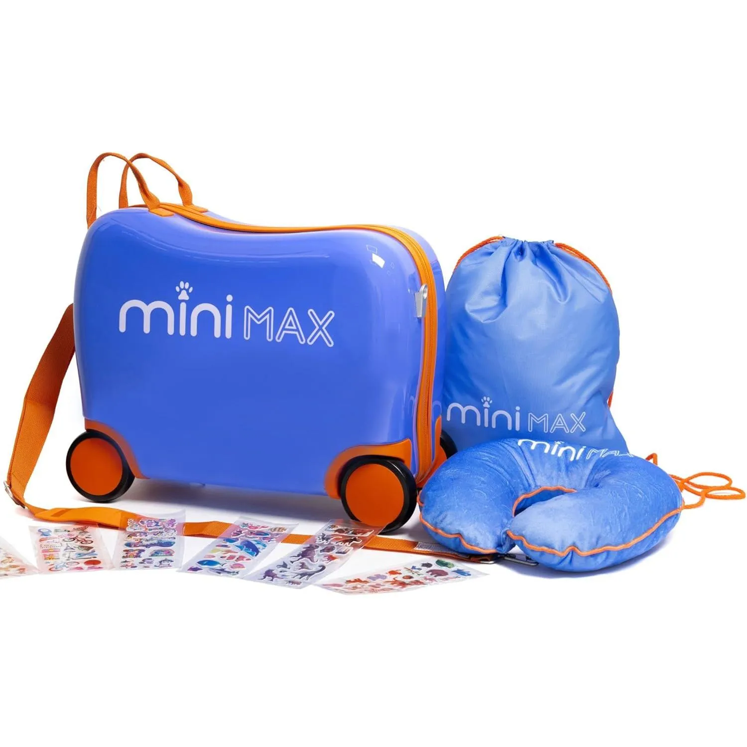 Aerolite MiniMax Childrens Ride-On Suitcase Fits 45x36x20cm EasyJet Maximum Size Kids Hand Luggage With Wheels 29L, Free Neck Pillow, Travel Bag & Stickers