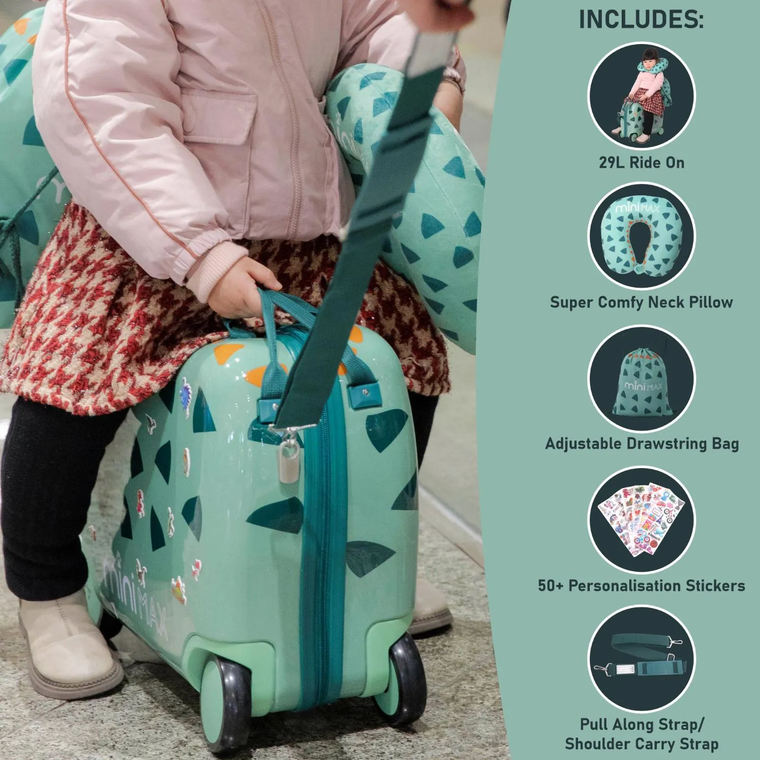 Aerolite MiniMax Childrens Ride-On Suitcase Fits 45x36x20cm EasyJet Maximum Size Kids Hand Luggage With Wheels 29L, Free Neck Pillow, Travel Bag & Stickers