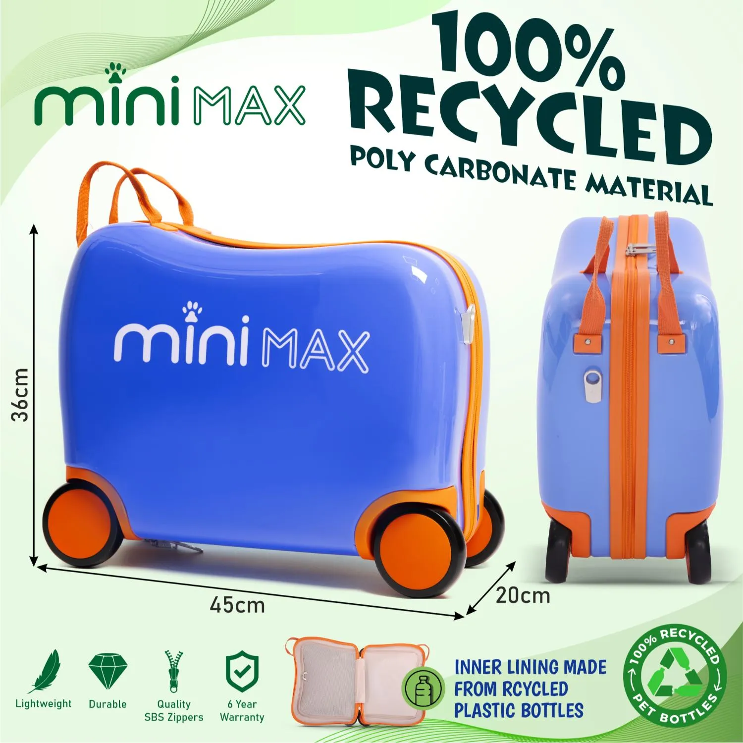 Aerolite MiniMax Childrens Ride-On Suitcase Fits 45x36x20cm EasyJet Maximum Size Kids Hand Luggage With Wheels 29L, Free Neck Pillow, Travel Bag & Stickers