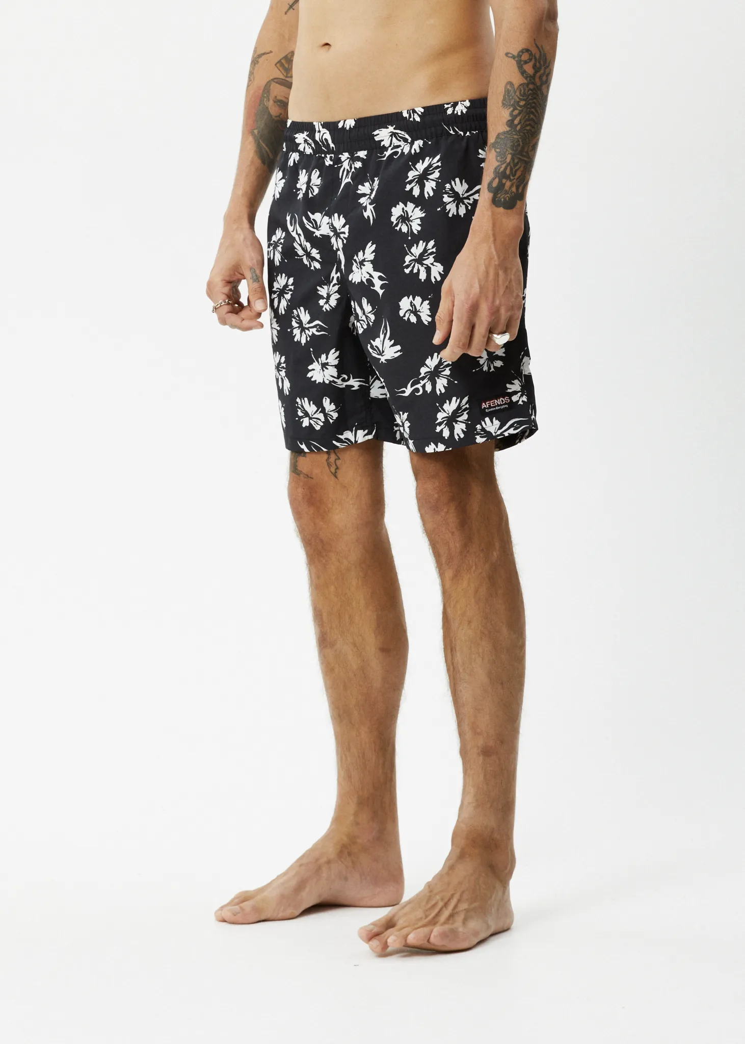 AFENDS Mens Hibiscus - Swim Short 18" - Black