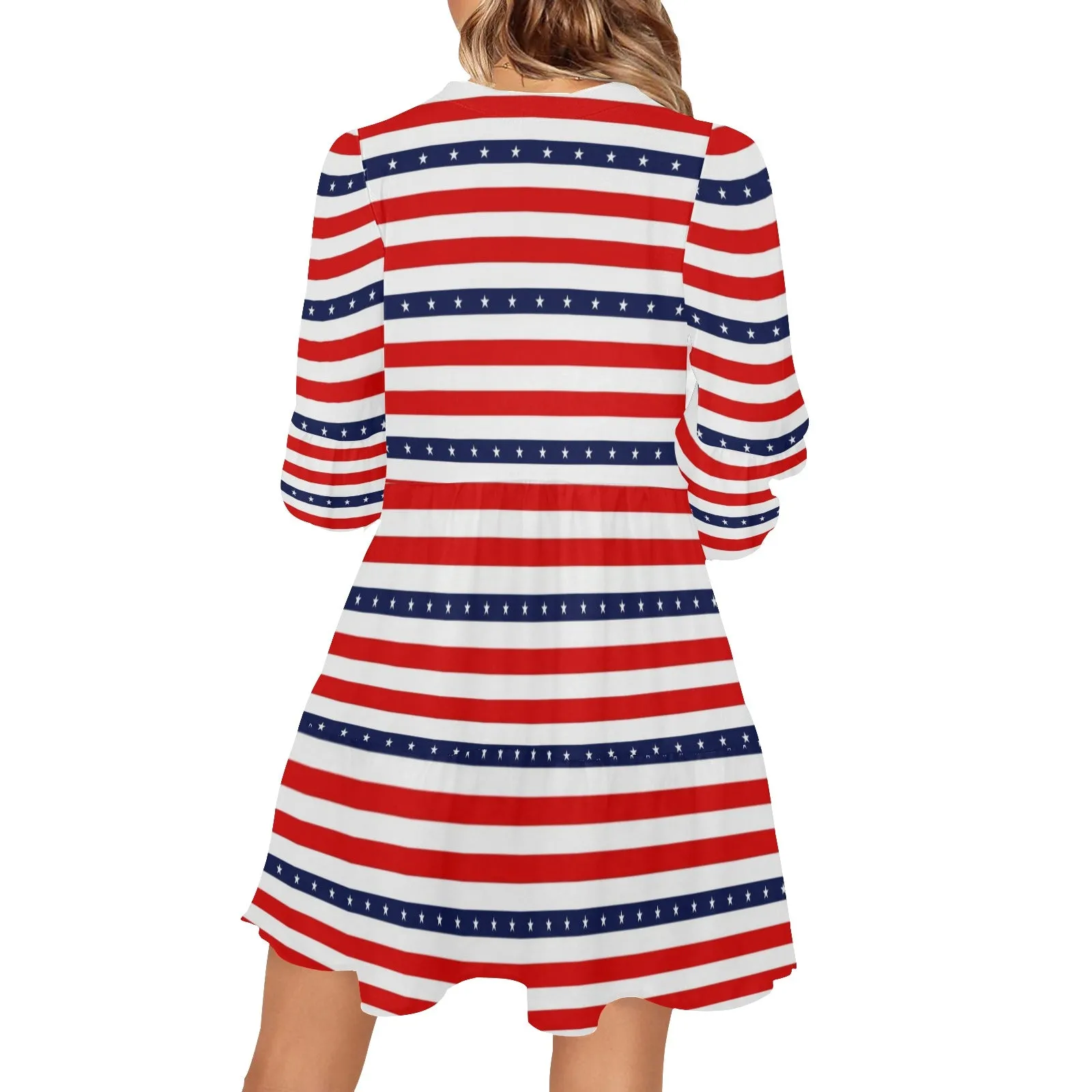 americana stars and stripes striped print 2 V-Neck Loose Fit Dress (Model D62)