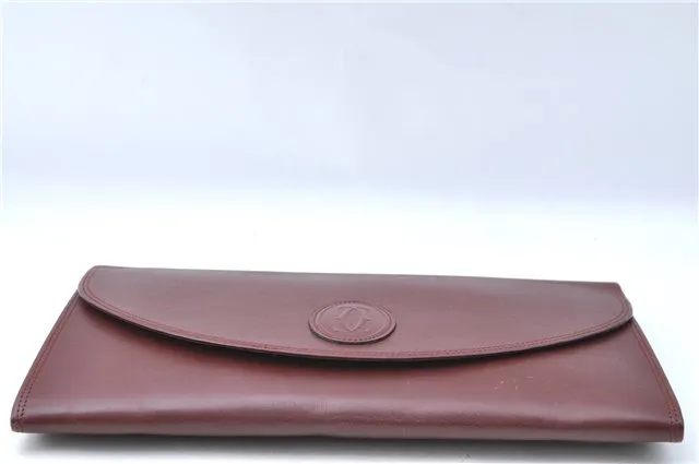 Auth Cartier Must de Cartier Clutch Hand Bag Purse Leather Bordeaux Red J1215