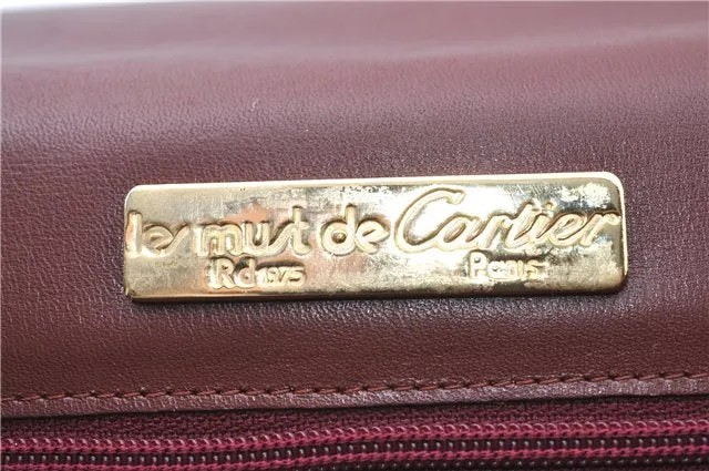 Auth Cartier Must de Cartier Clutch Hand Bag Purse Leather Bordeaux Red J1215