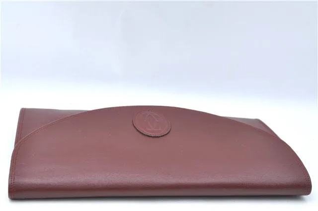 Auth Cartier Must de Cartier Clutch Hand Bag Purse Leather Bordeaux Red J1215