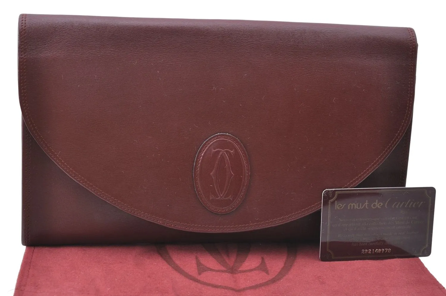 Auth Cartier Must de Cartier Clutch Hand Bag Purse Leather Bordeaux Red J1215