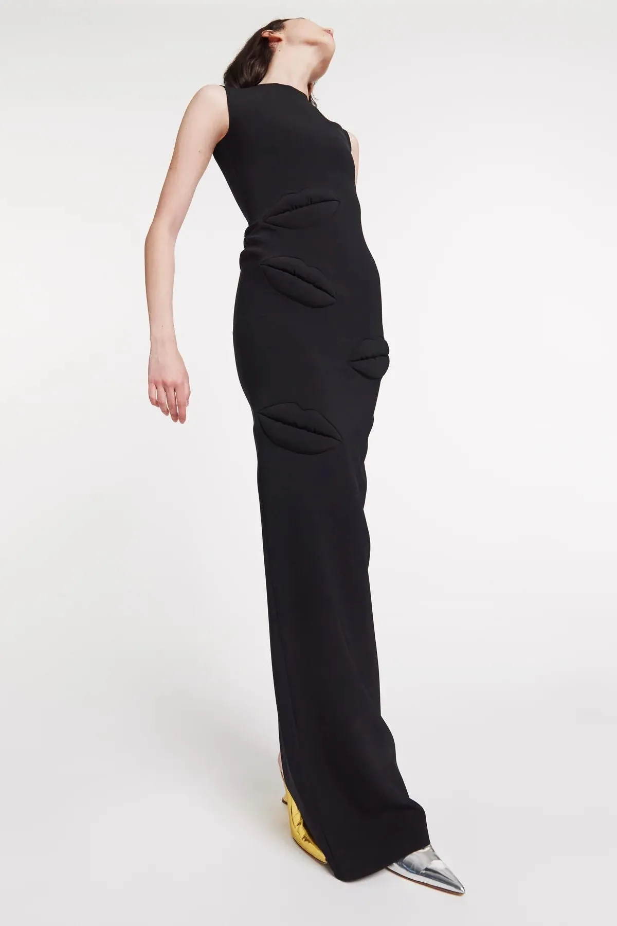 A.W.A.K.E Mode Fitted Maxi Dress with Lip Applique - Black