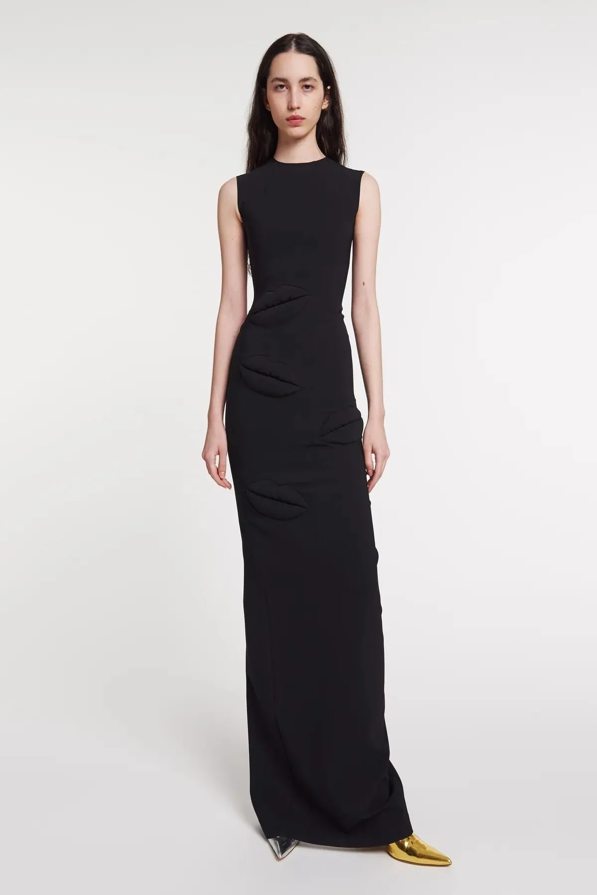 A.W.A.K.E Mode Fitted Maxi Dress with Lip Applique - Black