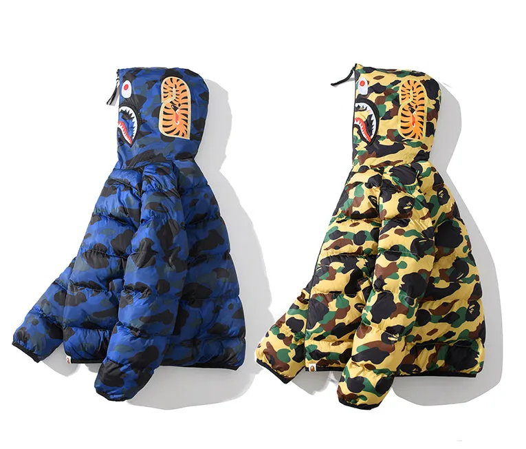 BAPE Puff Jacket Shark Hoodie Green Beige Camo