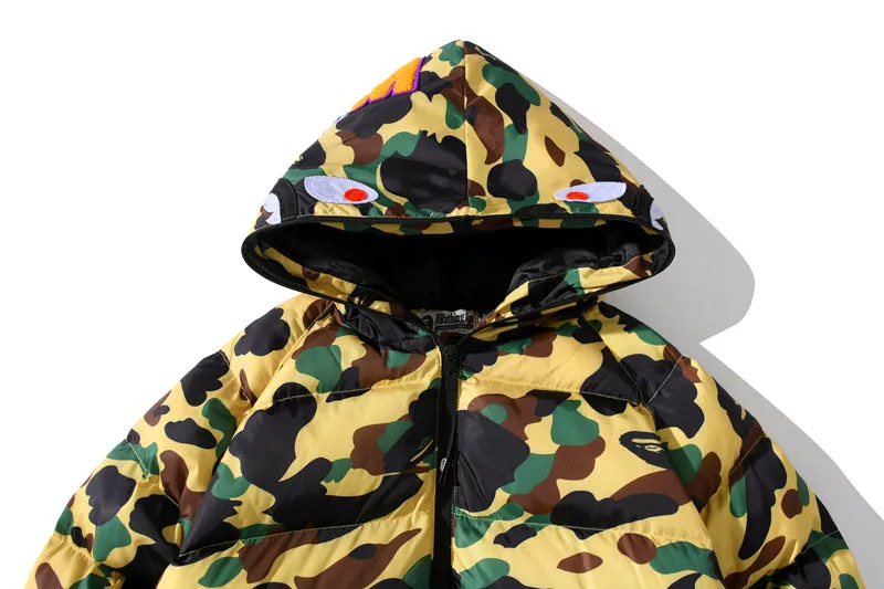 BAPE Puff Jacket Shark Hoodie Green Beige Camo