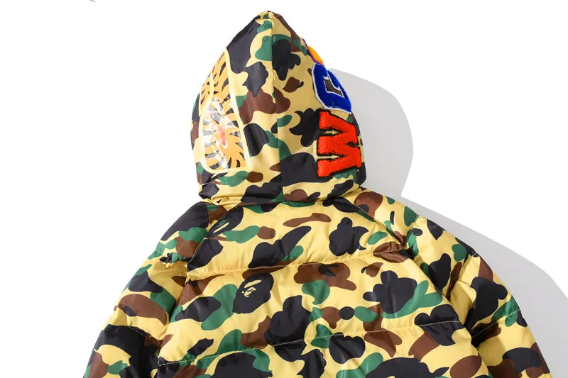 BAPE Puff Jacket Shark Hoodie Green Beige Camo