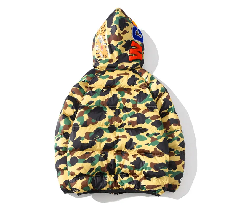 BAPE Puff Jacket Shark Hoodie Green Beige Camo