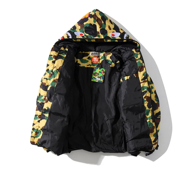 BAPE Puff Jacket Shark Hoodie Green Beige Camo