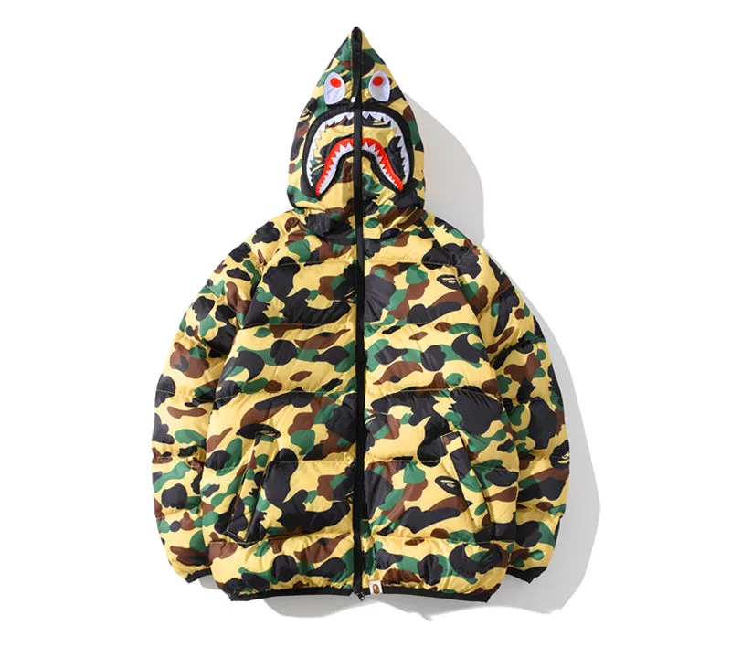 BAPE Puff Jacket Shark Hoodie Green Beige Camo