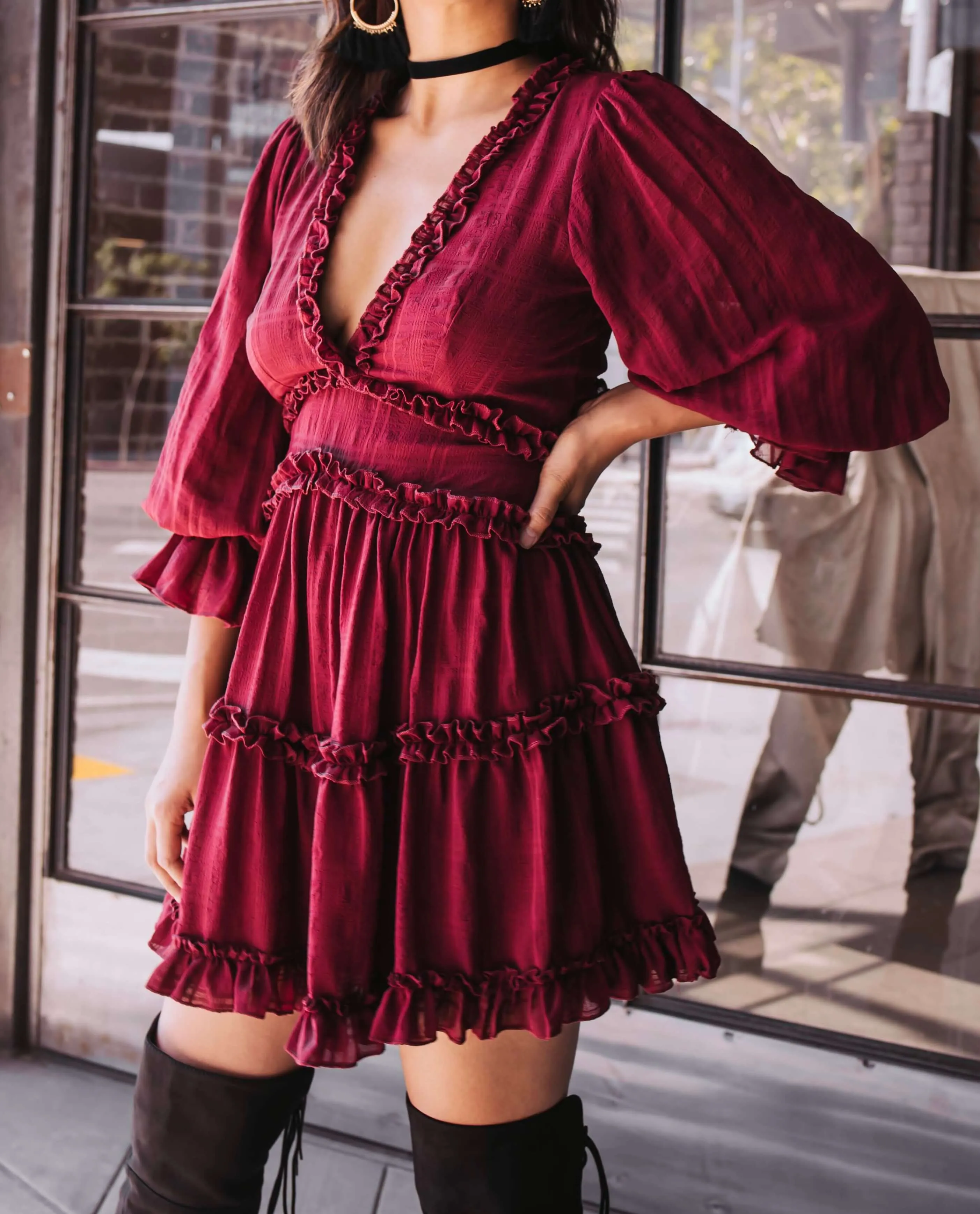 Bell Sleeve Cut Out Ruffled V-Neck Dress in More Colors