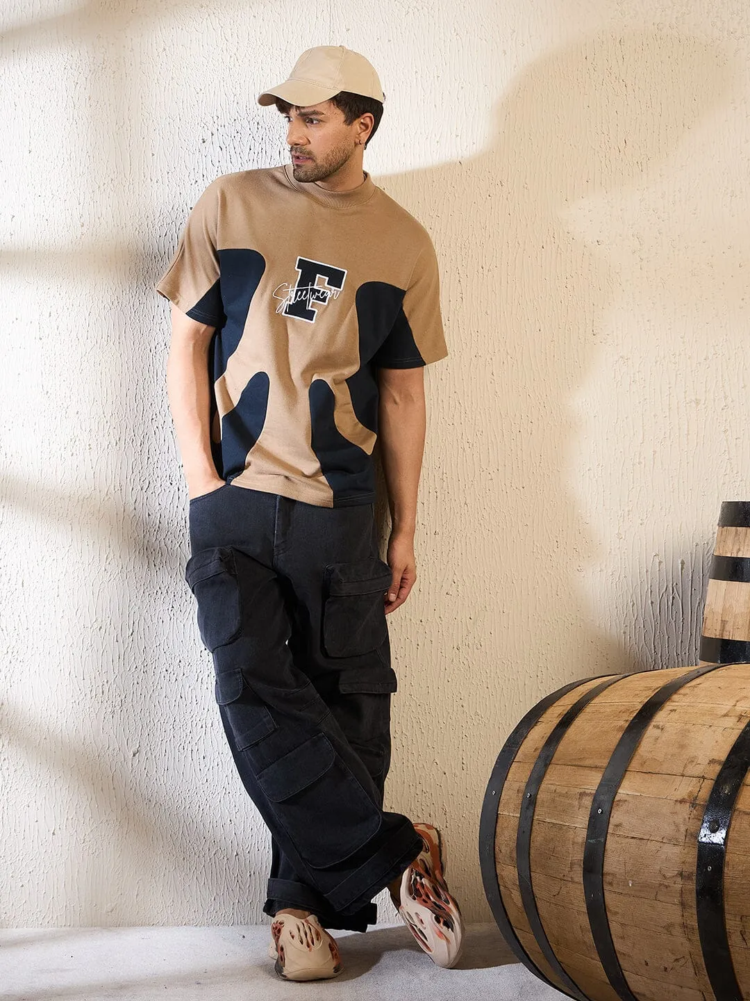 Biege & Navy Cut & Sew Oversized Tshirt