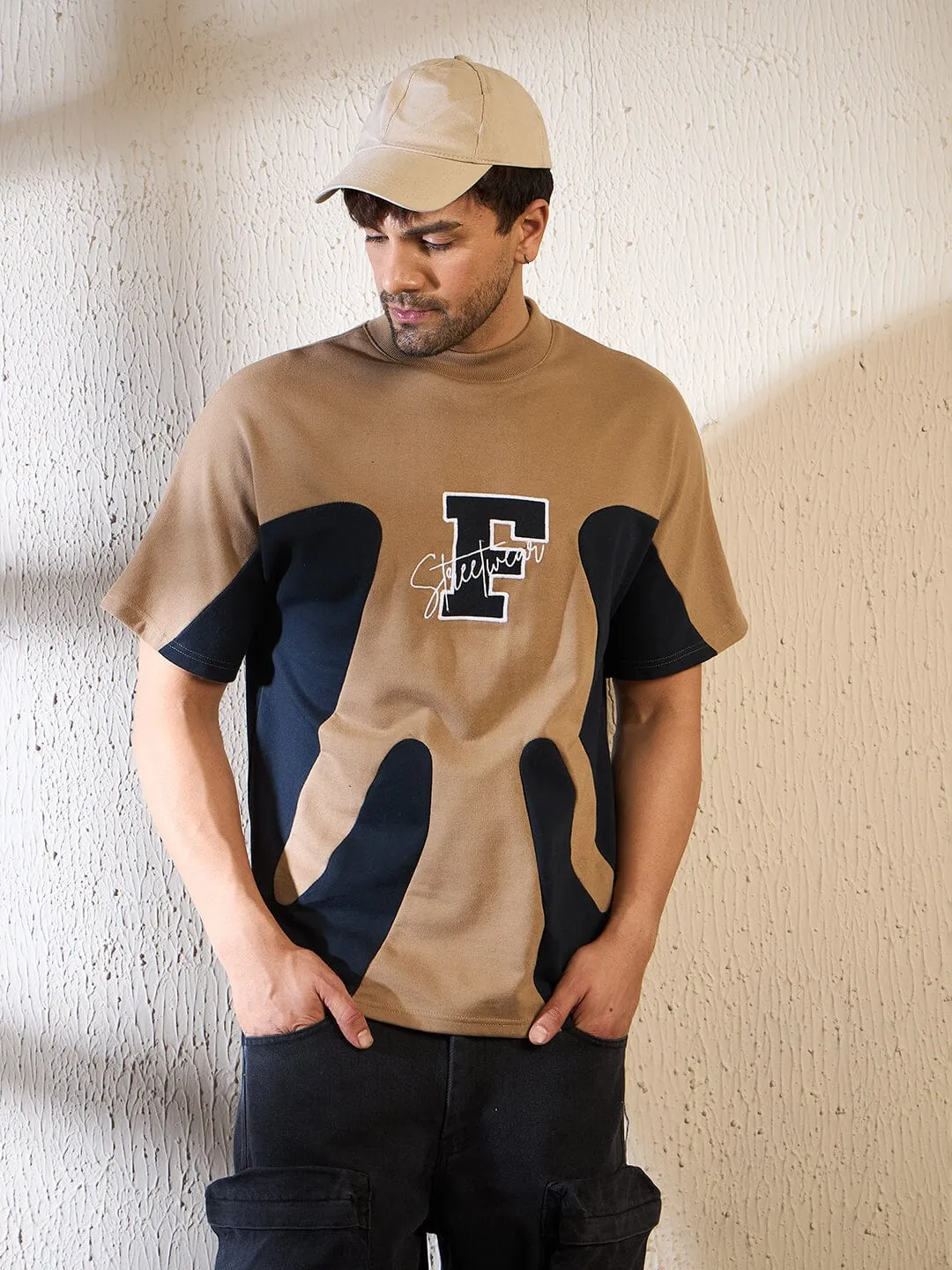 Biege & Navy Cut & Sew Oversized Tshirt