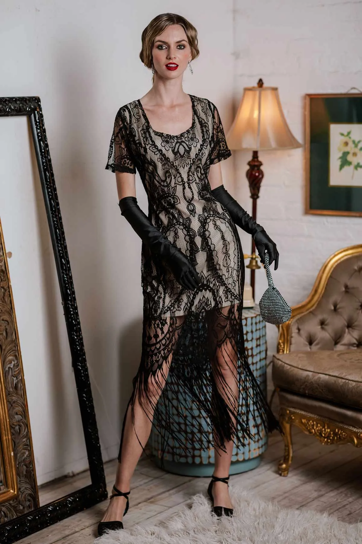 Black 1920s Fringe Lace Flapper Dress