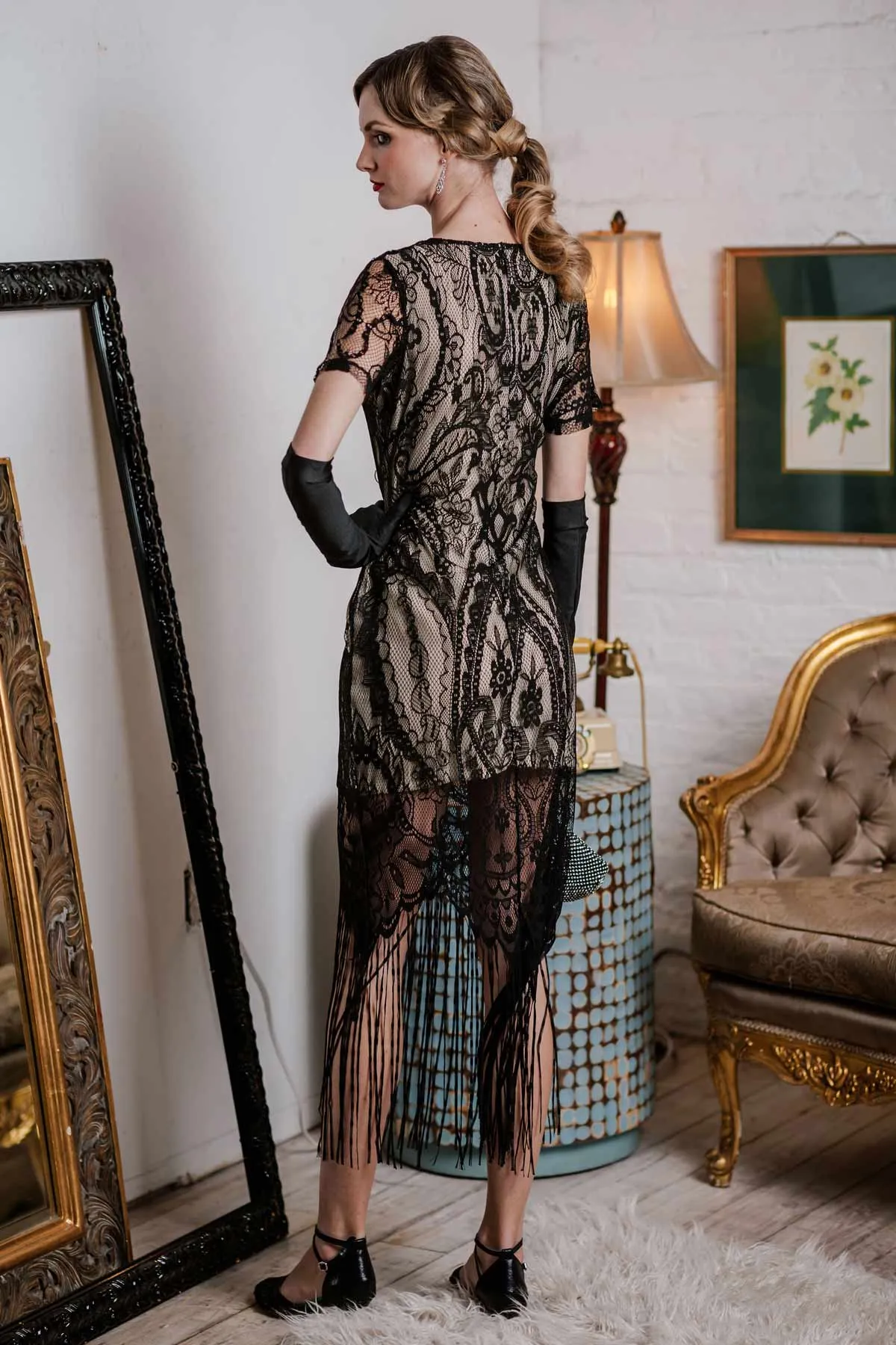 Black 1920s Fringe Lace Flapper Dress