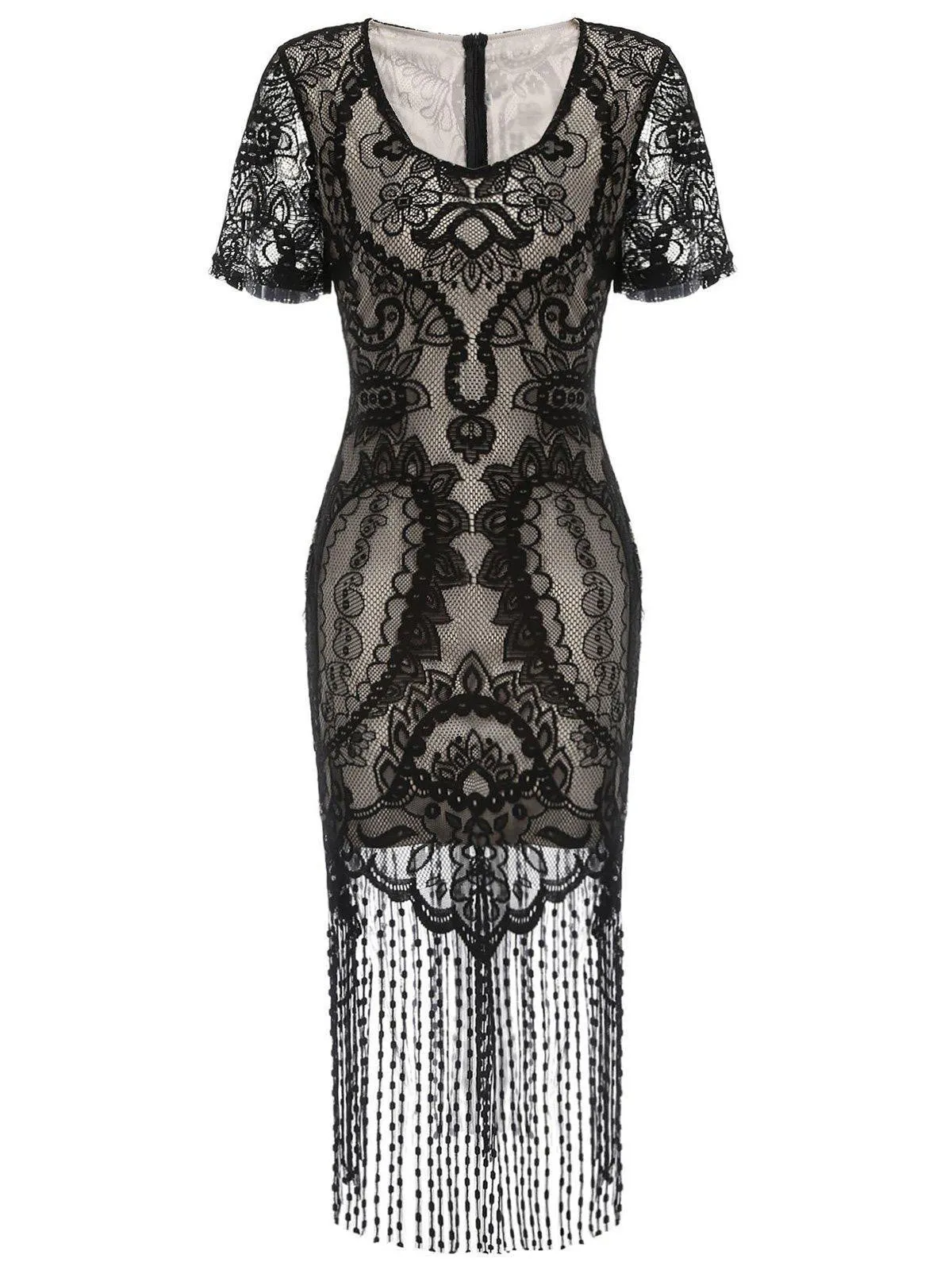 Black 1920s Fringe Lace Flapper Dress