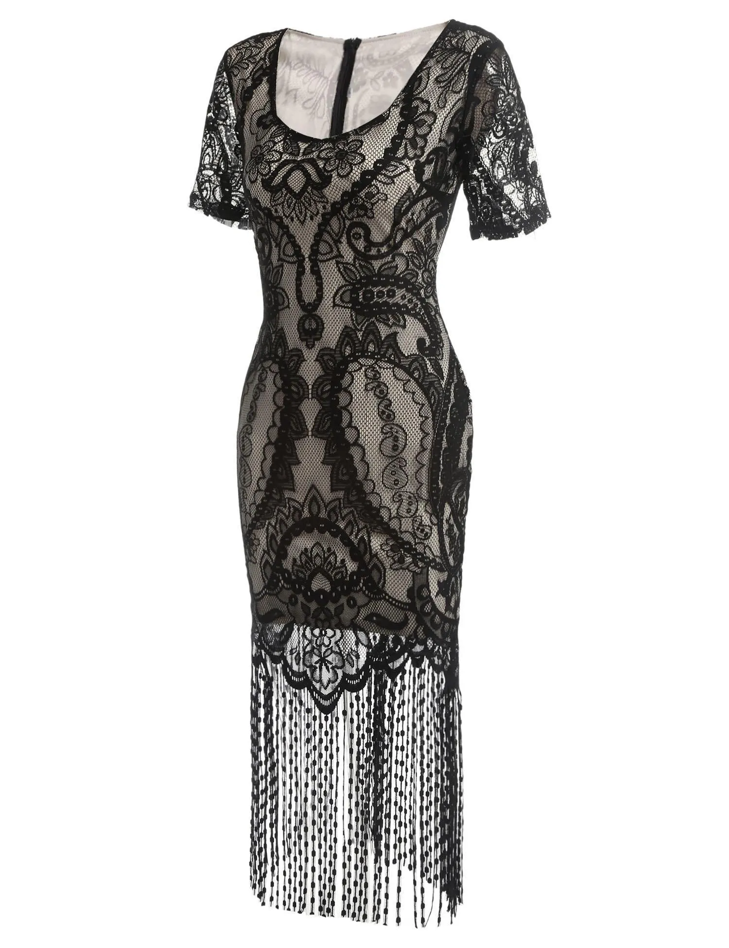 Black 1920s Fringe Lace Flapper Dress