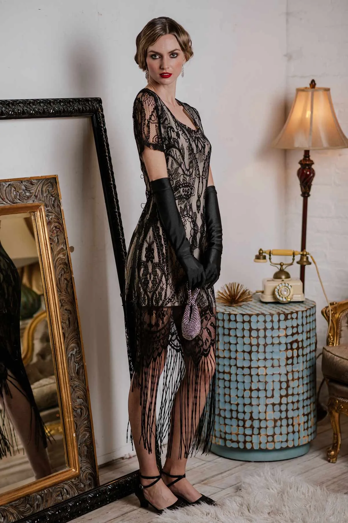 Black 1920s Fringe Lace Flapper Dress