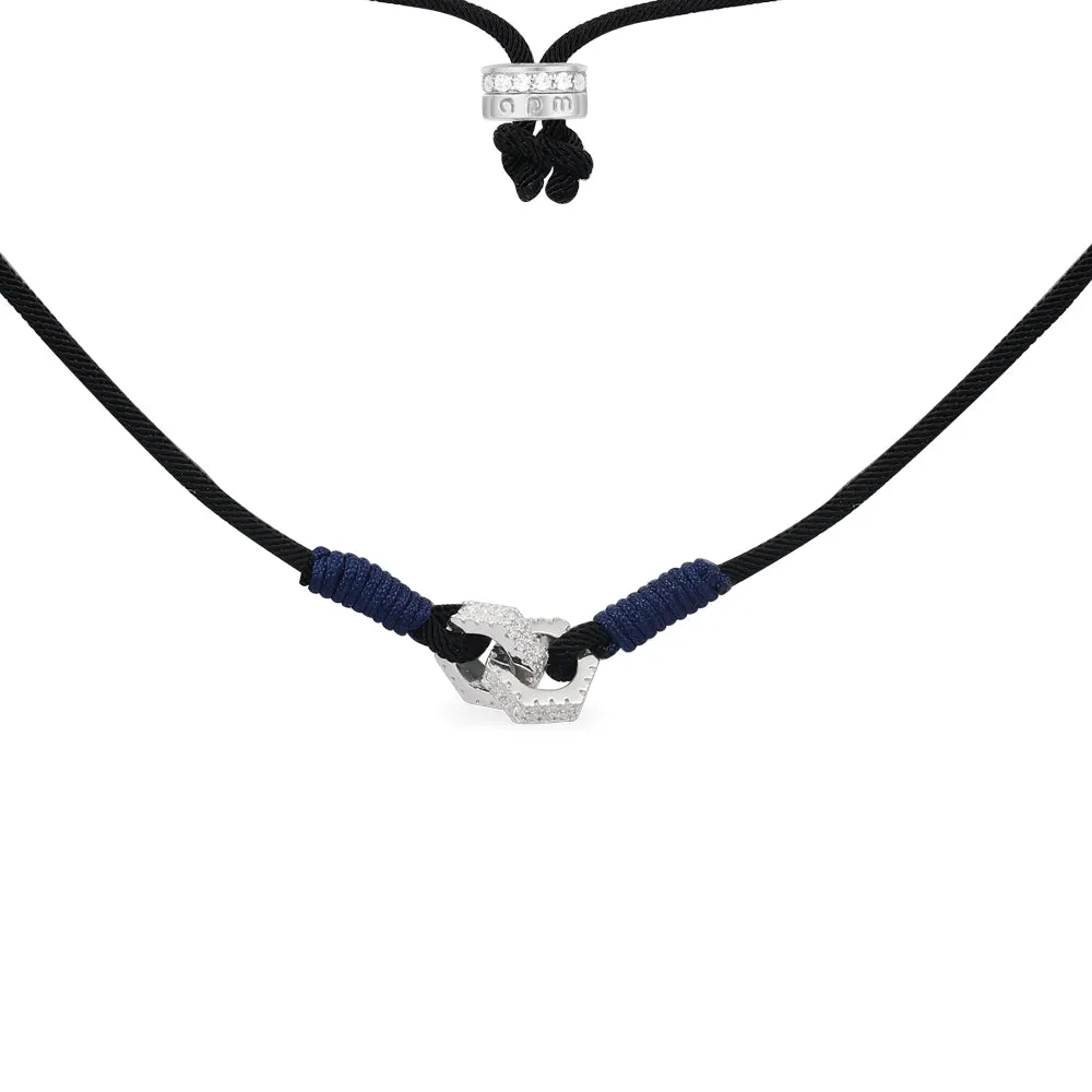 Black adjustable nylon necklace with intertwined rings - silver