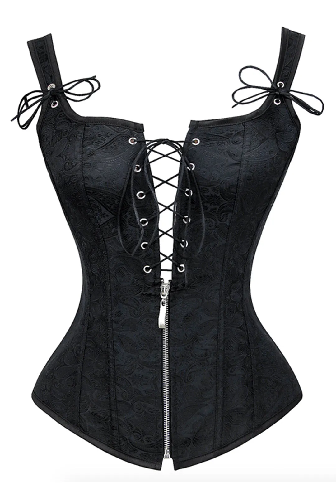 Black Jacquard Strappy Corset With Zip