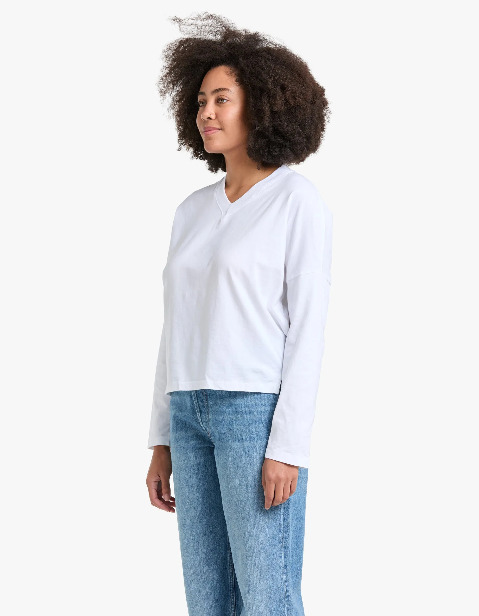 Boxy V Neck L/S T Shirt - White