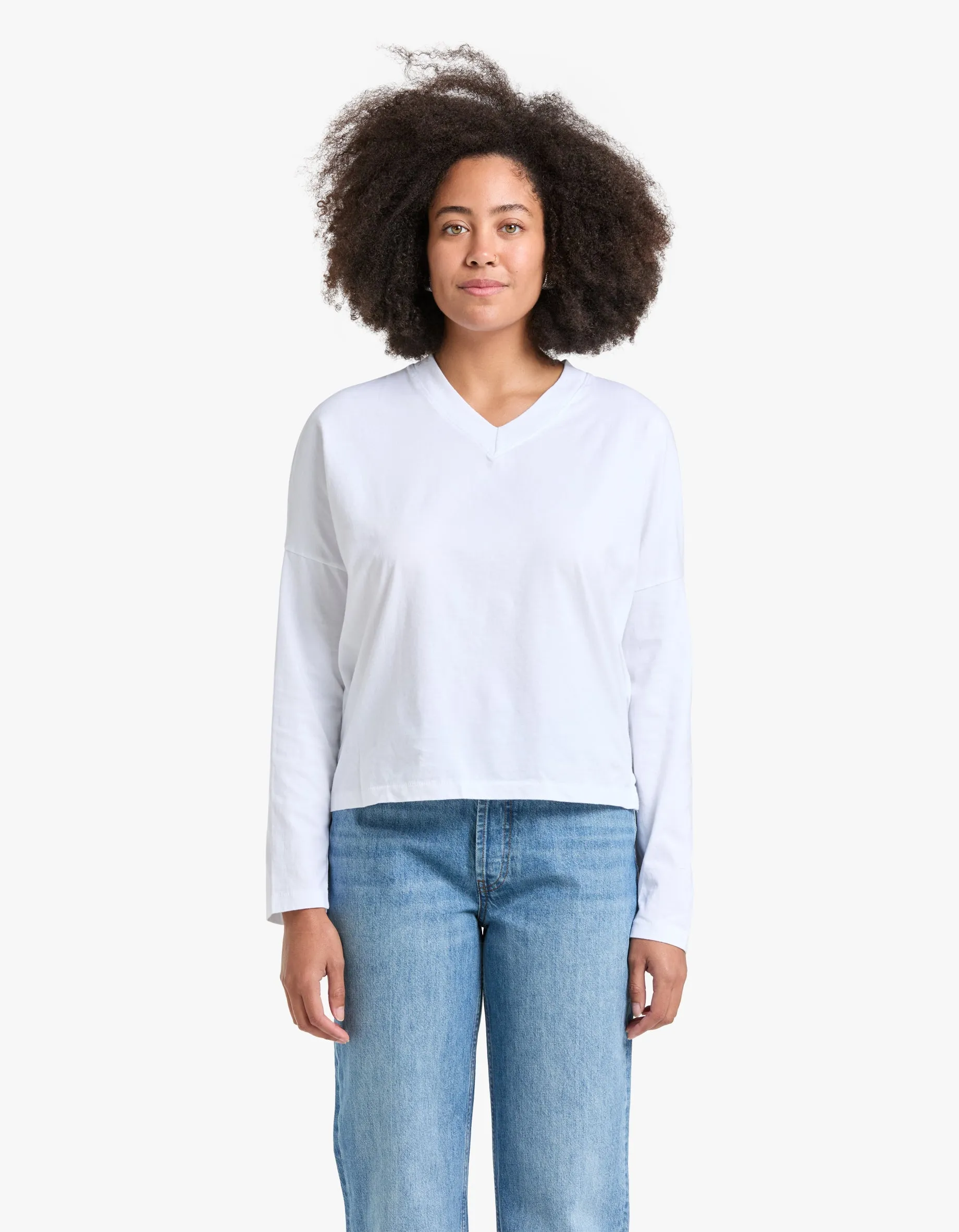 Boxy V Neck L/S T Shirt - White