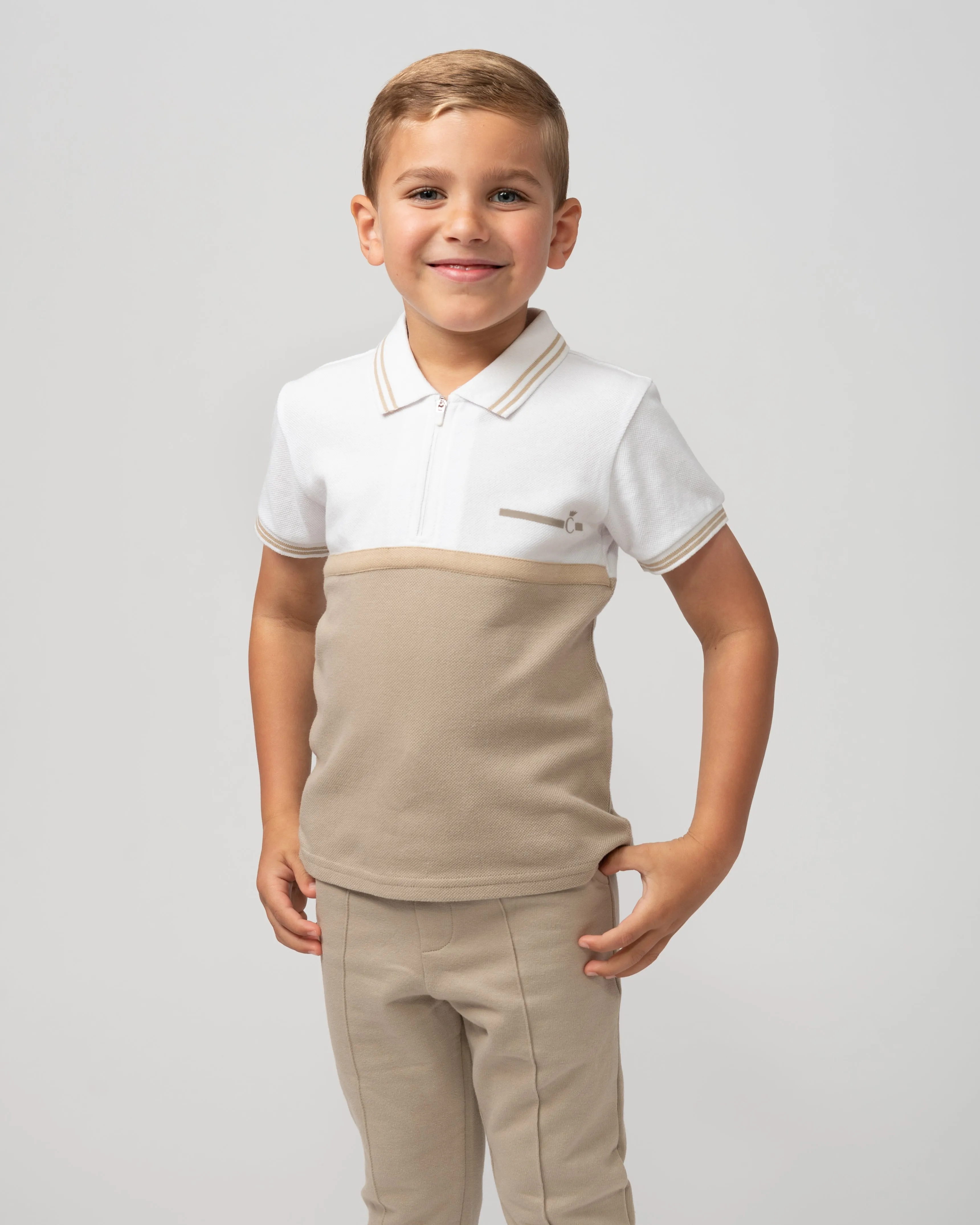 Caramelo Kids Boys Beige Polo Zip Leisure Set