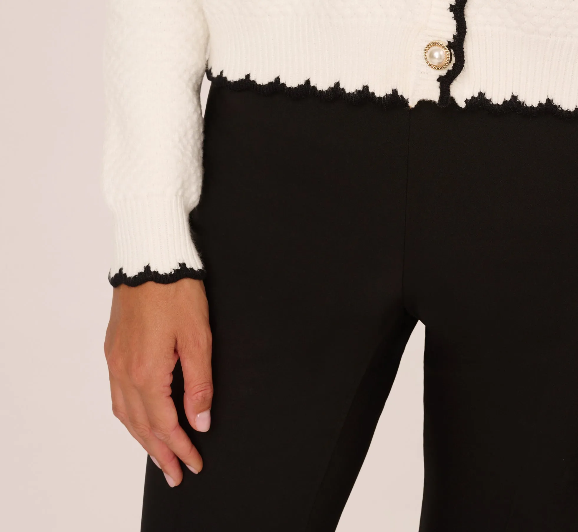 Cardigan Sweater With Contrast Scallop Trim In Ivory Black