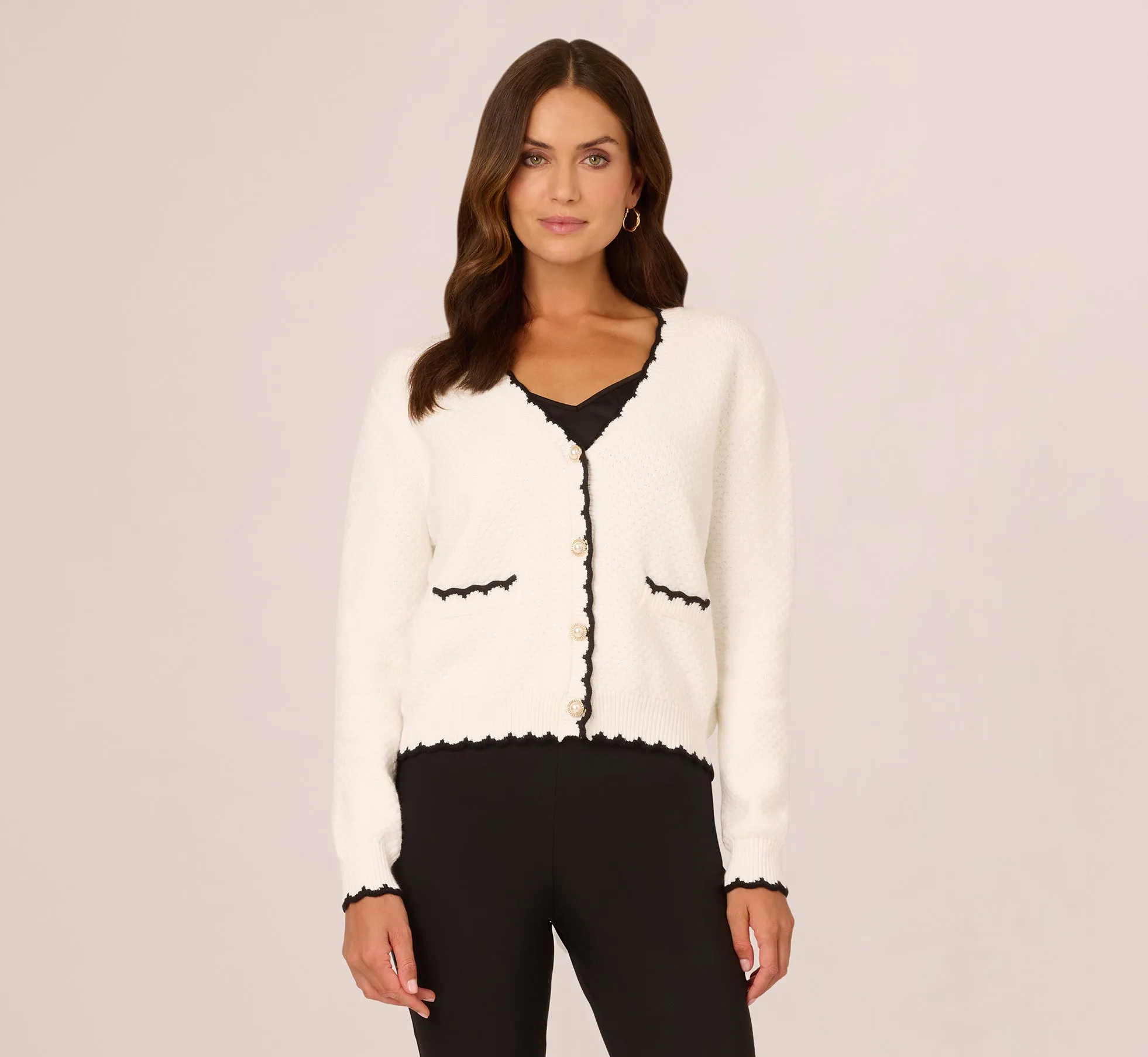 Cardigan Sweater With Contrast Scallop Trim In Ivory Black