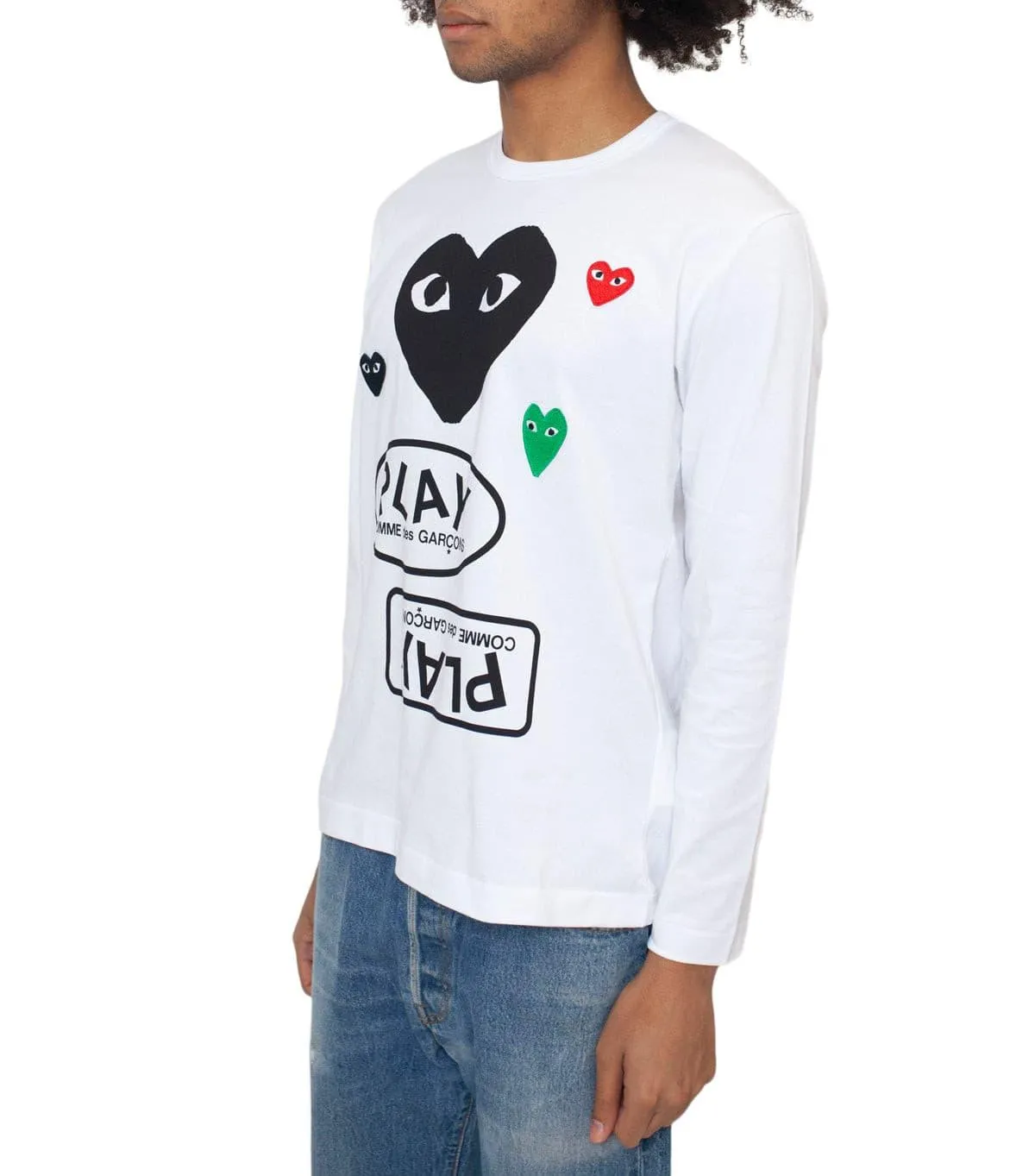 CdG PLAY Multiple Logo Long Sleeve T-Shirt White Black